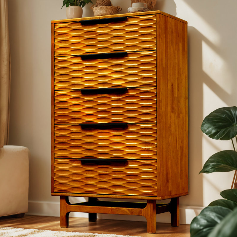 Commode haute 5 tiroirs Elara, Caramel