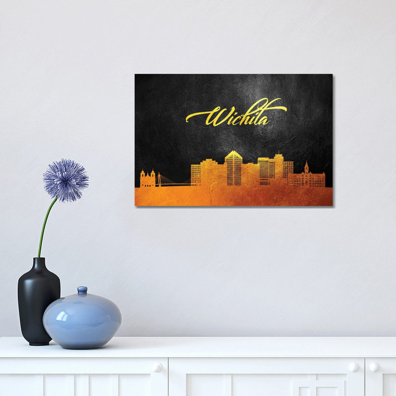 Wichita Kansas Gold Skyline 1 Piece Wrapped Canvas Wall Art, 30.48 cm H x 45.72 cm W