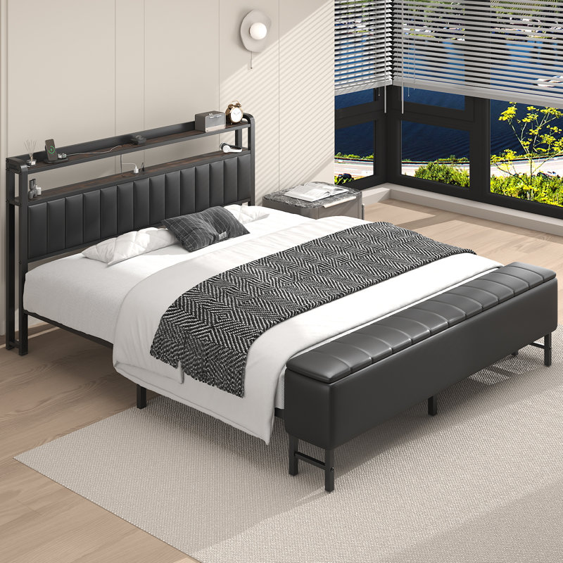 Modern Upholstered Platform Bed with a Starry Sky Projector, Built-in Storage Bench, Convenient Charging Station, Easy Assembly