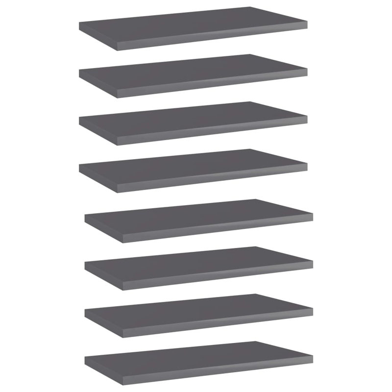 Bookshelf Boards 8 pcs Engineered Wood, High Gloss Gray, (8 Shelves) 0.59" H x 15.75" W x 7.87" D