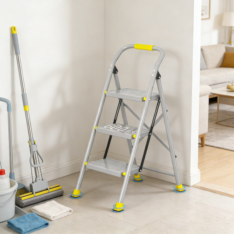 Escabeau pliant robuste à 4 marches avec rampes - Structure en acier allié d'une capacité de 600 lb, tapis antidérapants et verrou à gravité pour la maison, la cuisine et l'intérieur