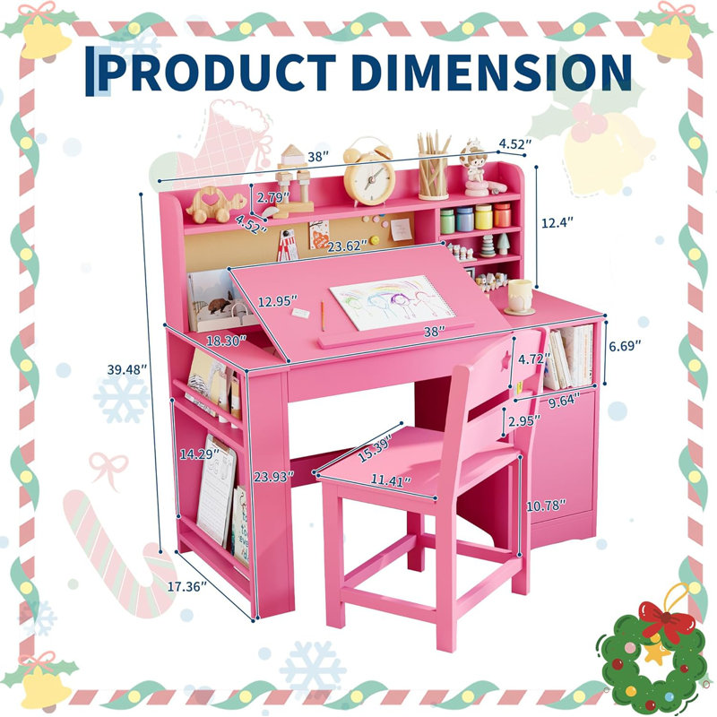 Study Desk and Chair Set, Desks with Hutch and Tiltable Desktop, Wooden Study Table with Storage Cabinet, Student Writing Desk for Bedroom & Home School