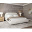 Lit moderne tapissier Burgas avec tête de lit arrondie et rangement, tissu performant-832466546