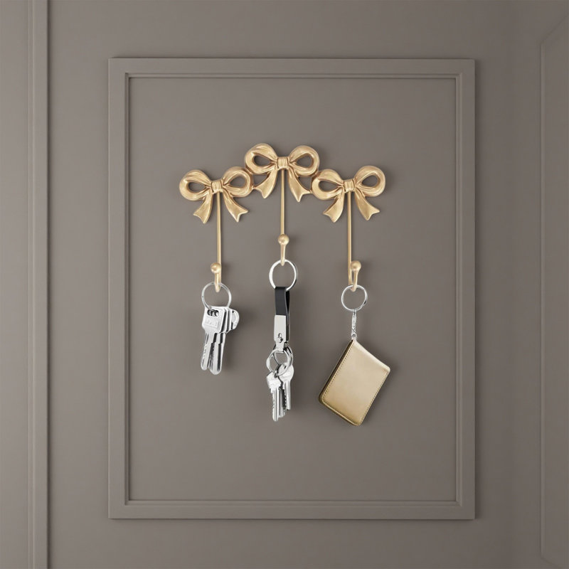 Gold Bow Wall Hook, Small Triple Bow Cast Iron Wall Mounted Hook Rack for Coats, Bags, Towels, Bathroom or Bedroom Decor