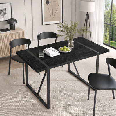55-Inch Minimalist Rectangular Dining Table with Textured Black Top and Metal Legs