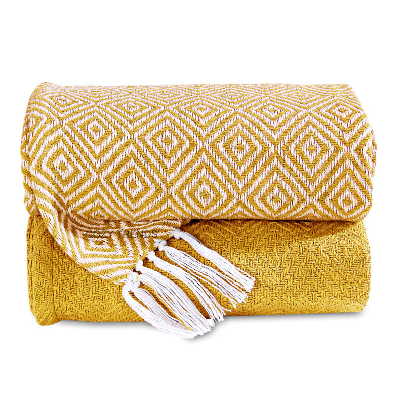 Jeté 100% coton, Moutarde, Géométrique / couleur unie