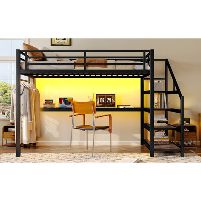 Lit mezzanine simple TG avec bureau et escalier de rangement, lumières à DEL en métal, ports, filets en fer multifonctionnels, rouille, sommeil tranquille, charge noire, fonctionnement,