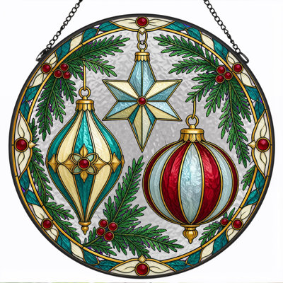 Teal and Red Christmas Ornaments in Stained Glass Circle Canvas Wall Art