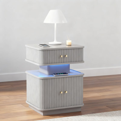 Modern LED End Table With Charging Station | Smart Bedside Table With 2 Sliding Doors, Curved Edge Design, Type-A And C Ports, App-Controlled Lighting