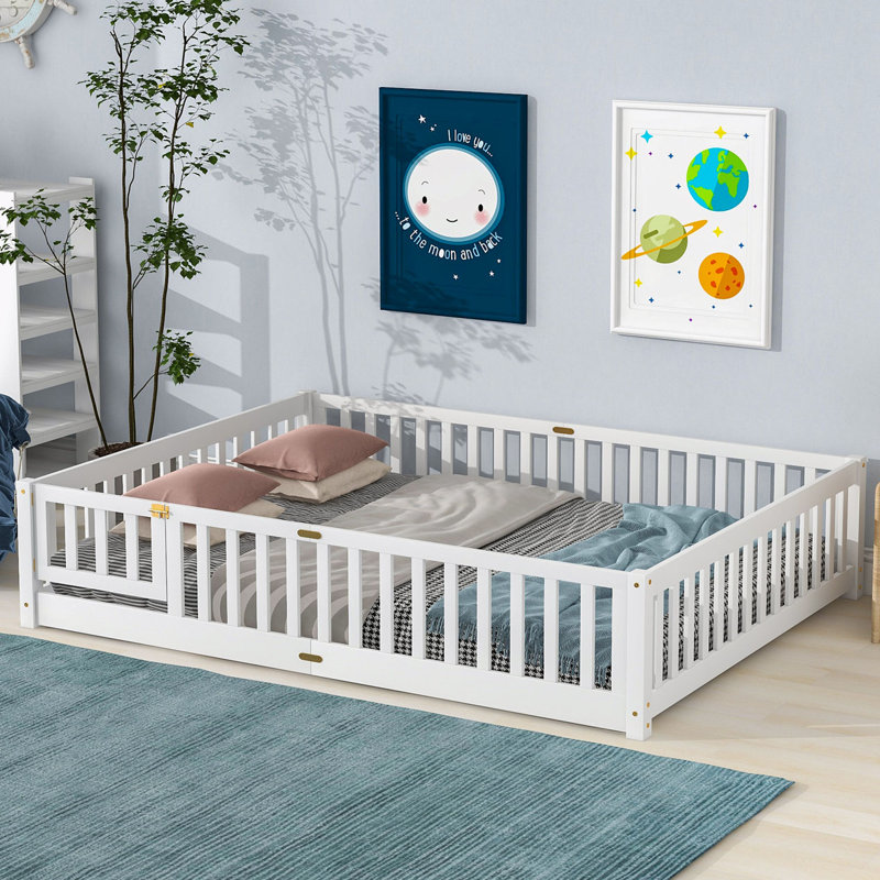 Platform Slat Bed with Door and Fence, White, Queen