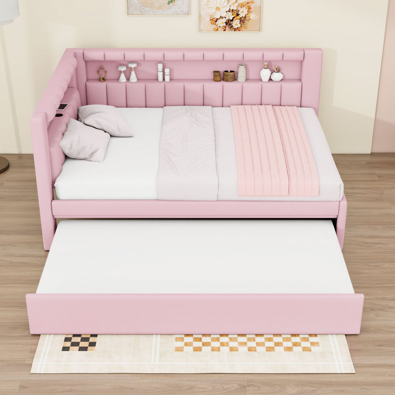 Full Wooden Upholstered Daybed with Trundle, USB Ports, LED lights and Slats, Pink