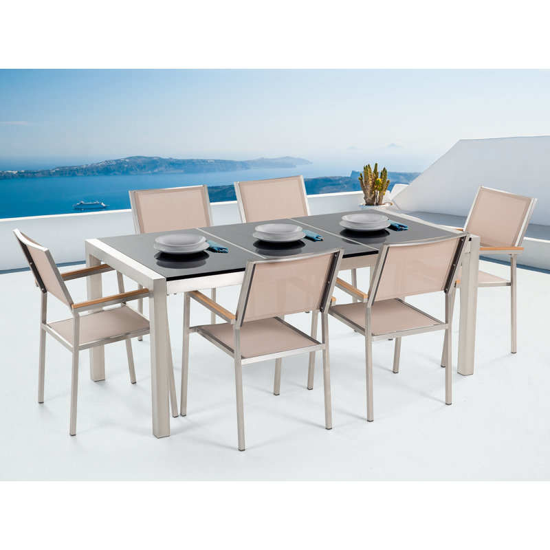 Samba 6 - Person Patio Dining Set with Rectangular Table, Black Granite, Beige