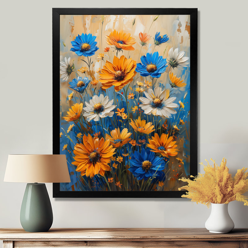 Fleurs jaunes et bleues rayonnantes dans une ferme II, Toile encadrée noire simple, H 20 po x l 12 po x P 1 po