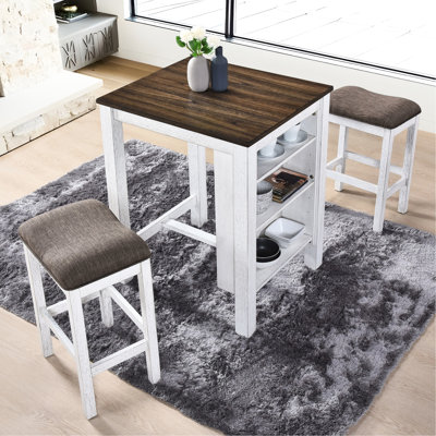 Comptoir 3 pièces pour les petits espaces, style rétro moderne, assemblage rapide, assemblage, finition blanchie, tablettes de rangement latérales, tabourets rembourrés, économie d'espace, chêne foncé antique et blanc, bois massif