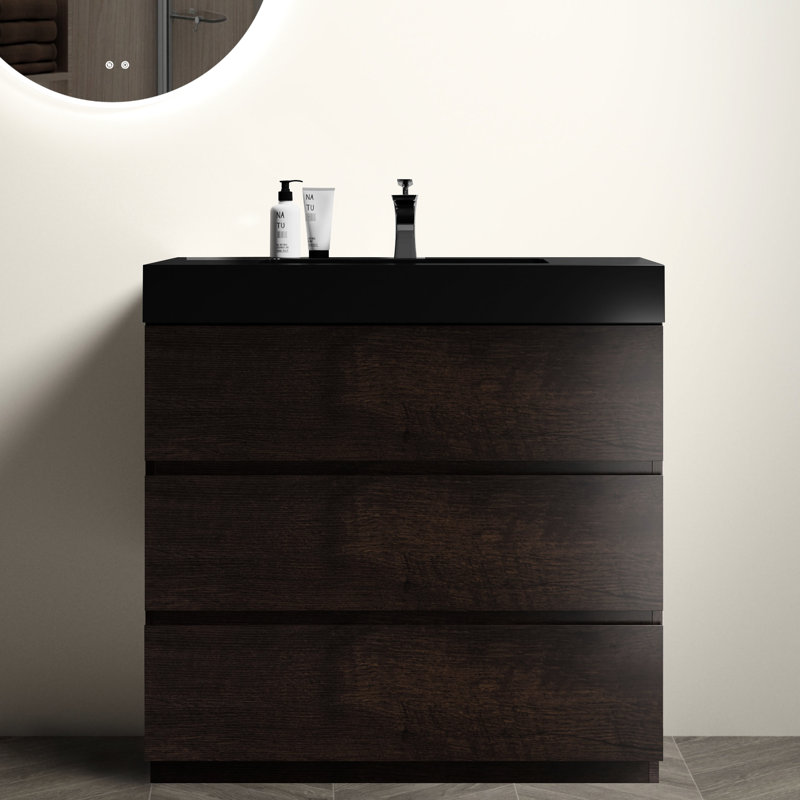 Meuble-lavabo 36 po - Finition noyer, Noyer à tiroirs lisses silencieux, Compartiments de rangement Max, Élégant