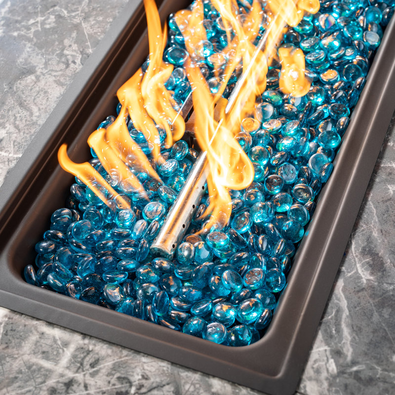 25'' H x 32'' W Raelynn Outdoor Propane Fire Pit Table: Unique Fence Base, Marble Ceramic Tabletop, Glass Wind Guard, Lid, Hideaway Gas Tank Seat, 50,000 BTU