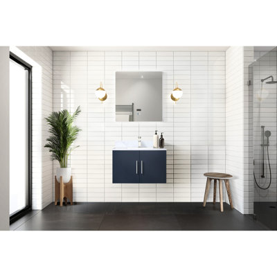 Bath Vanity In Navy Blue With Marble Counter And 30 In. Led Mirror - Soft Close, , Large Storage Compartment
