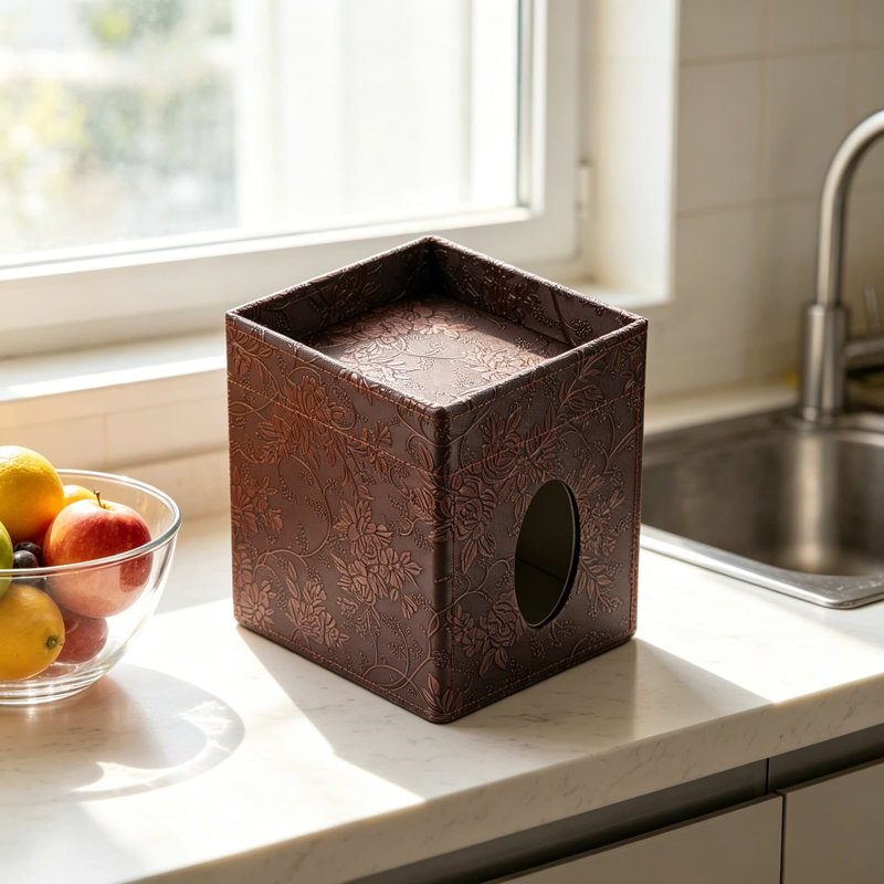 Porte-boîte à mouchoirs carré en similicuir avec plateau de rangement supérieur pour salle de bain, comptoir, table de chevet, table de bureau, finition antique