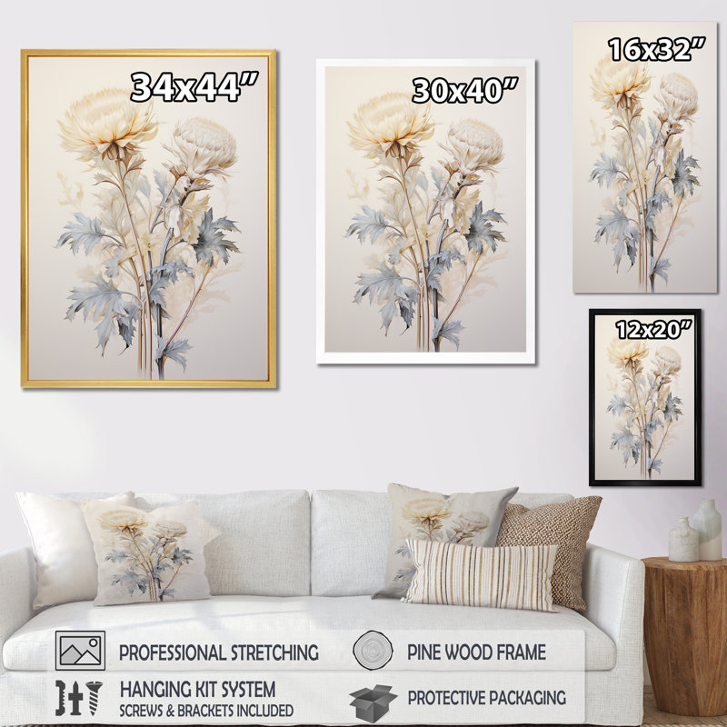 «Beige chardon», art mural sur toile Thistle, Cadre flottant doré, H 44 po x l 34 po