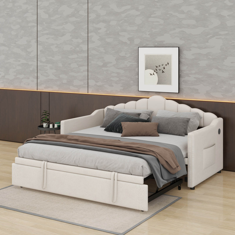 Lit de jour rembourré simple avec couchette escamotable réglable en hauteur et port de charge USB et Type-C, Beige