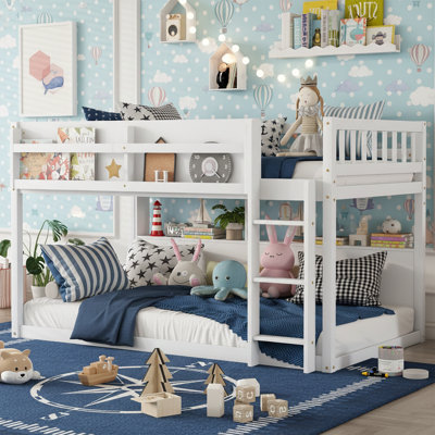 Twin over Twin Low Bunk Bed - 78" Wide Solid Wood Frame with Built-in Shelf