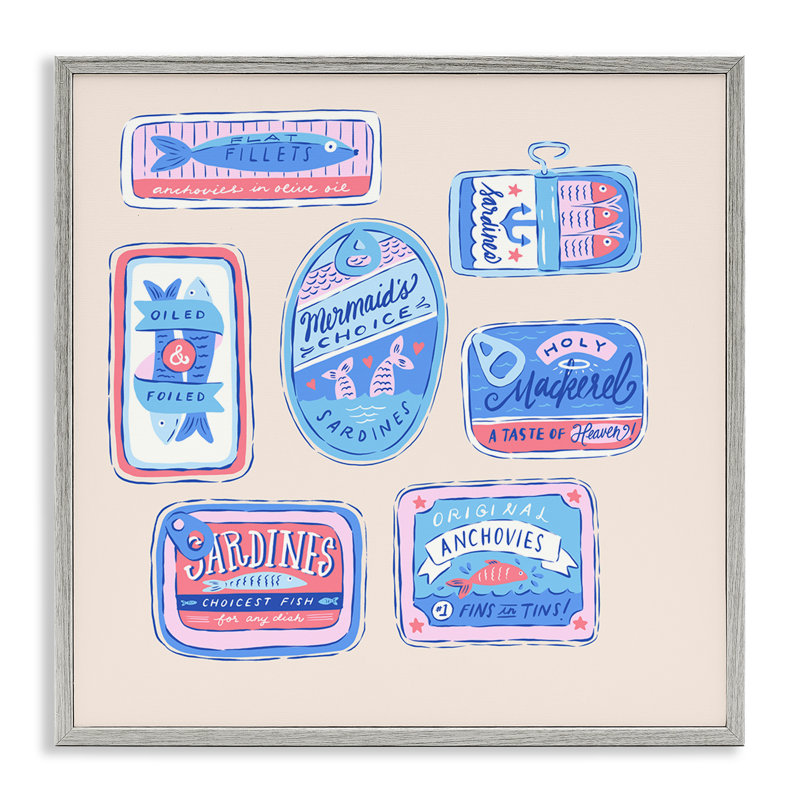 Various Canned Fish Seafood Framed Giclee, design by Krissy Mast, Farmhouse Gray Framed Giclee, 24" H x 24" W