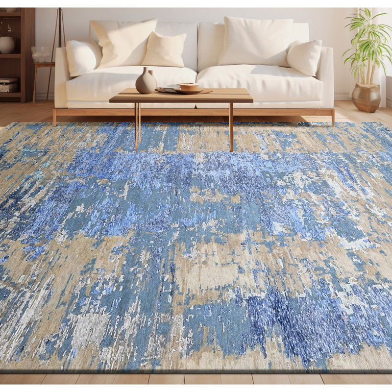 Tapis rectangulaire bleu / beige / gris, Rectangle 9 pi x 12 pi
