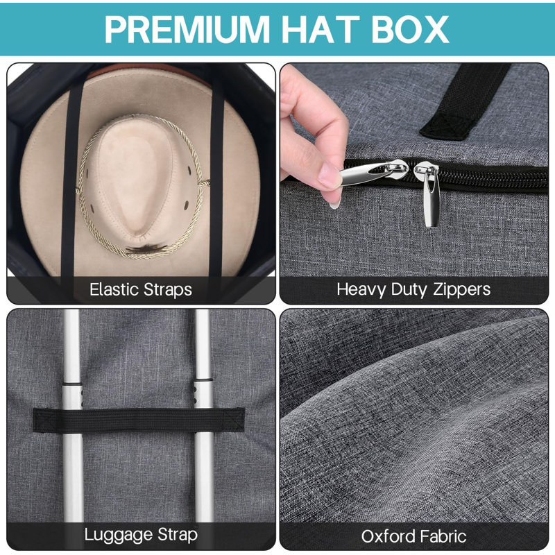 Hat Box For Travel And Storage, Collapsible Hat Case Cowboy Cap Hat Organizer For Closet With Handles Hat Boxes For Men And Women Storage Large Hat Bag Carrier With Cardbord, Grey