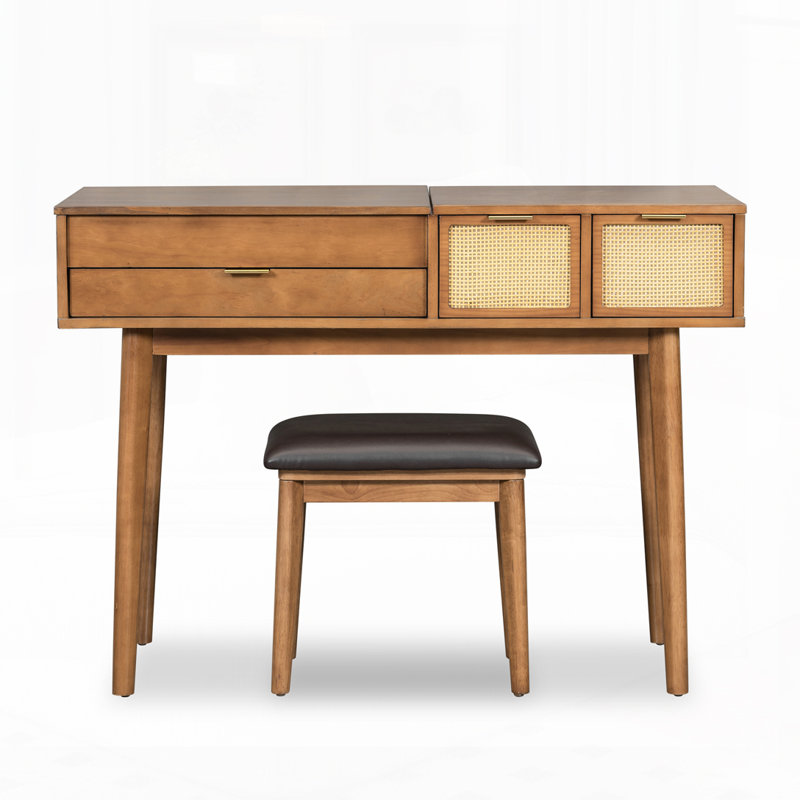 Ensemble coiffeuse en bois avec miroir rabattable et tabouret