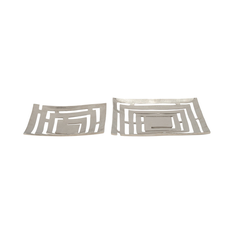 Modern Metal Aluminum Tray and Plate Set with Decorative Cut-Out Design, Contemporary Square Style Accent Display, Durable Lightweight Structure, Nesting Plate for Versatile Styling Set of 2