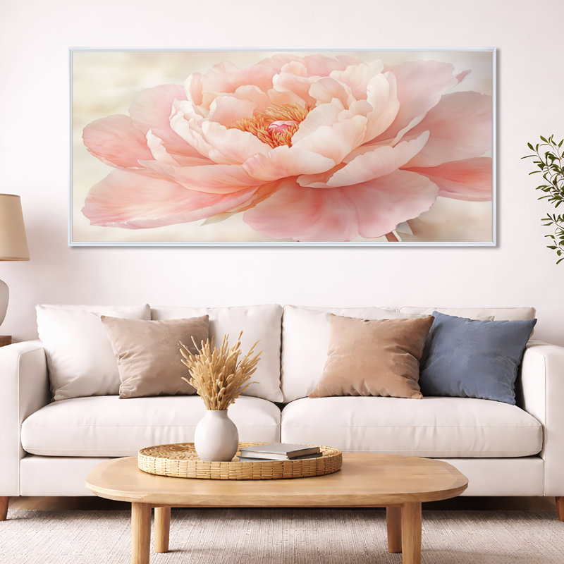 Doux pivoine douce II - décoration murale en toile botanique rose, Cadre flottant blanc, H 28 po x l 60 po