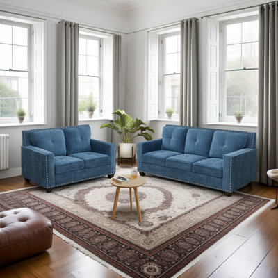 Laurne 2 Piece Lake Blue Flannelette Nailhead Trim Living Room Set
