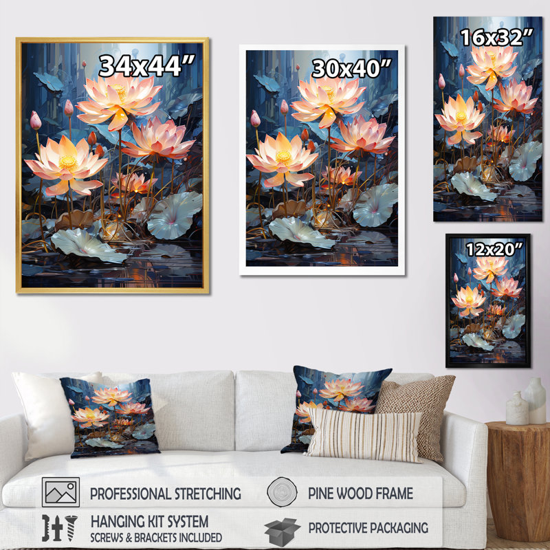 «Lotus Pond Blooms Come Alive I» sur toile, Cadre flottant doré, H 32 po x l 16 po