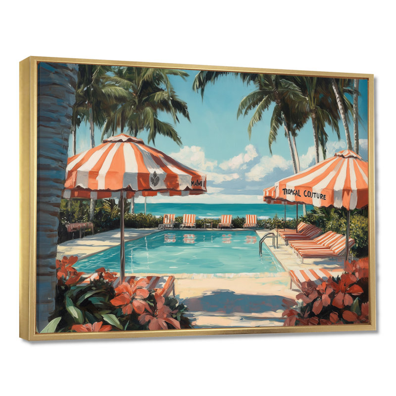 Palmiers au bord de la piscine à Miami - Toile tropicale tropicale encadrée, H 12 po x l 20 po, Cadre flottant doré