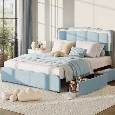Queen LED Bed Frame, 2 Drawers, Velvet Upholstered Platform Bed, Wood Slats, No Box Spring, Blue
