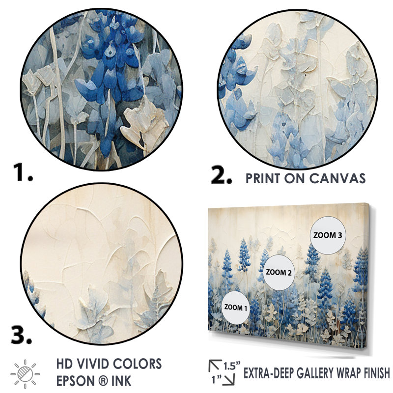 Elegant Blue And Beige Bonnets Meadow - Blue Bonnets Canvas Art Set, 28" H x 36" W x 1" D, Gold Floater Framed