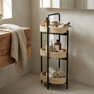 3 - Tier Woven Rattan & Metal Storage Shelf with Oval/Basket Shelves for Living Room, Bedroom