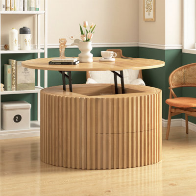 29.8" Round Lift Top Coffee Table with Fluted Base, Modern Wood Accent Table with Hidden Storage & Drawer, Adjustable Height Living Room Table, Solid Wood & MDF Center Table, Walnut