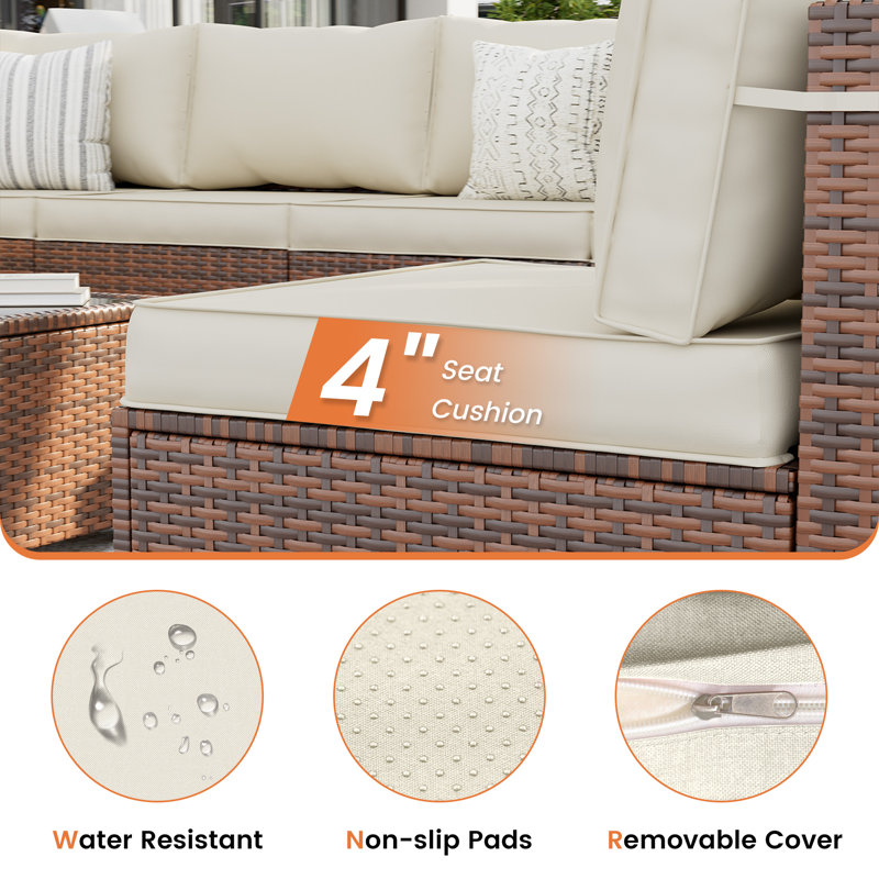 Ensemble de conversation modulaire en rotin avec table basse, Crème