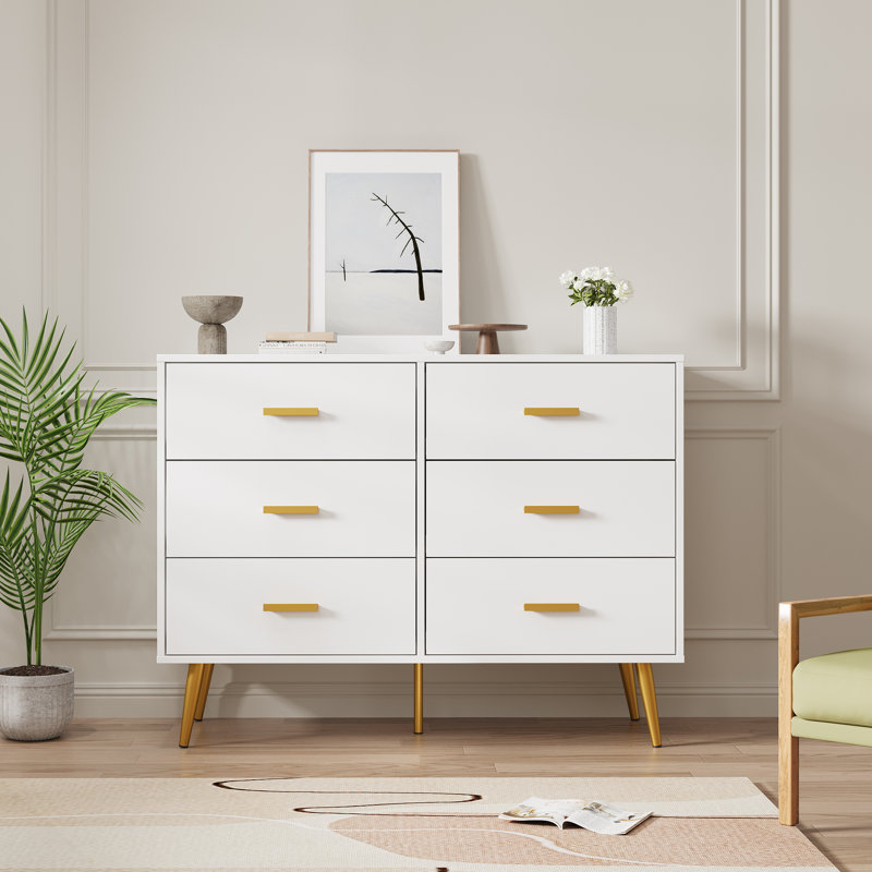 Commode moderne en bois avec poignées dorées, commode 6 tiroirs avec espace de rangement blanc, commode avec tiroirs profonds pour chambre à coucher, blanc