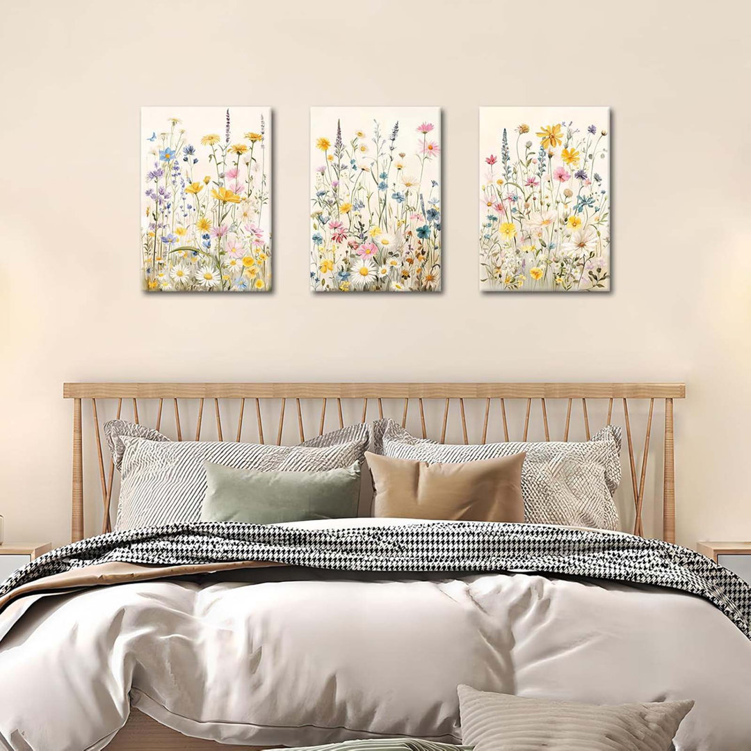 3Pcs Framed Colorful Wildflower Canvas Wall Art, Yellow Watercolors Flowers Wall Pictures Floral Canvas Prints Wall Decor Paintings For Living Room Gi