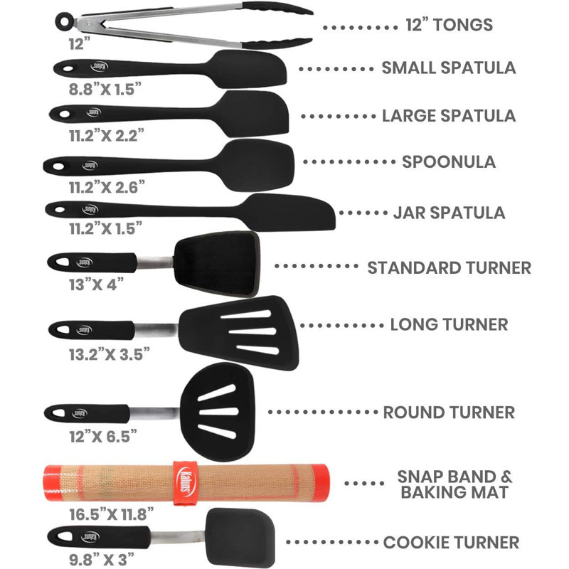 Ensemble d'ustensiles de cuisine KALUNS - Outils de cuisine en nylon et en acier inoxydable résistants à la chaleur, antiadhésifs, spatules ergonomiques noires, louches, cuillères et accessoires de cuisine