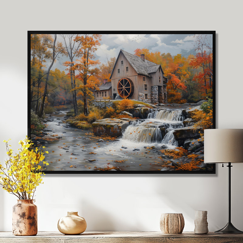 Automne brun et blanc, photo architecturale de moulins - art mural Mills, Cadre flottant noir, bois massif, H 24 po x l 32 po