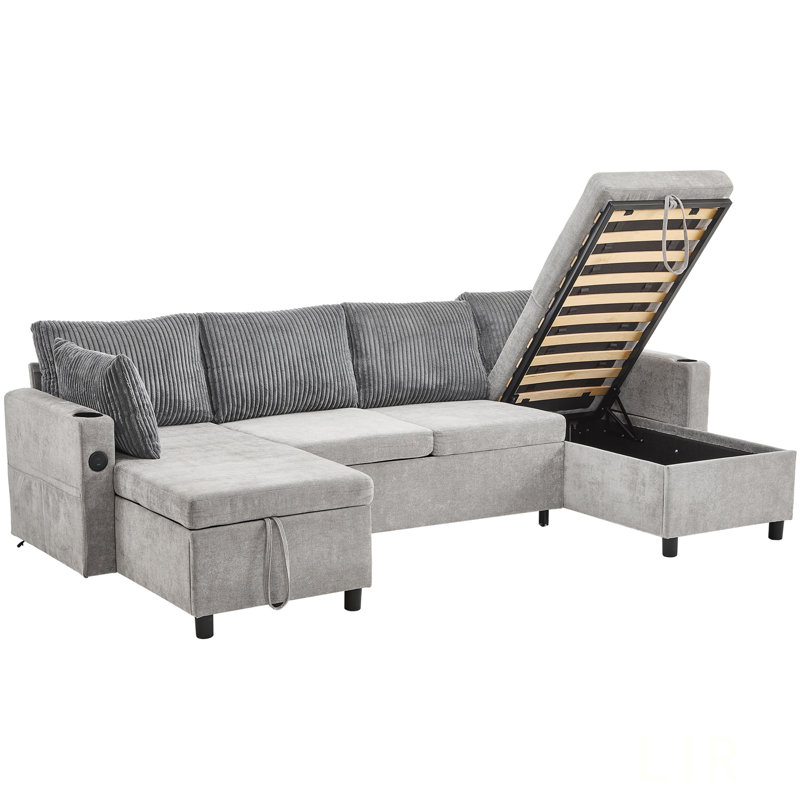 113.4 Inch Sectional Sofa Pull-Out Bed With Large Storage, USB Ports, And Cup Holders For Living Room Versatility, Gray