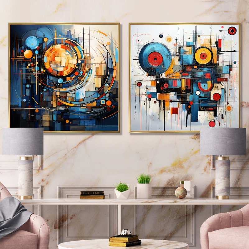 Minimalisme jaune et bleu formes élégantes I - formes abstraites d'art moderne sur toile, ensemble de 2, Encadrement doré
