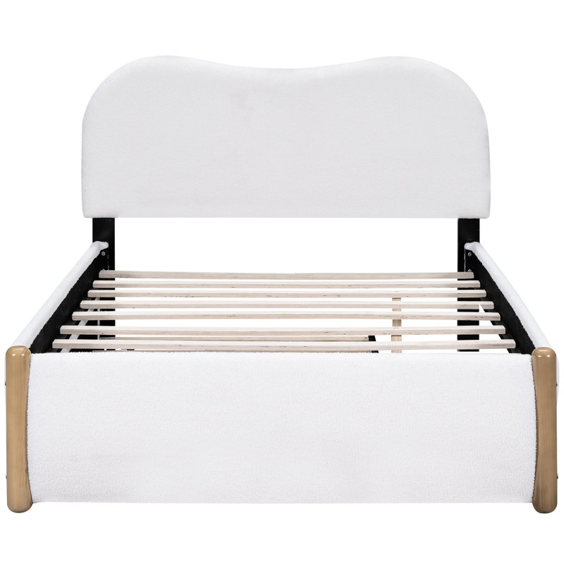 Lit double tapissier pleine grandeur avec lit gigogne simple - blanc et fabrication en bois pour la stabilité, tête de lit incluse, aucun sommier nécessaire en pin blanc +, conception pratique