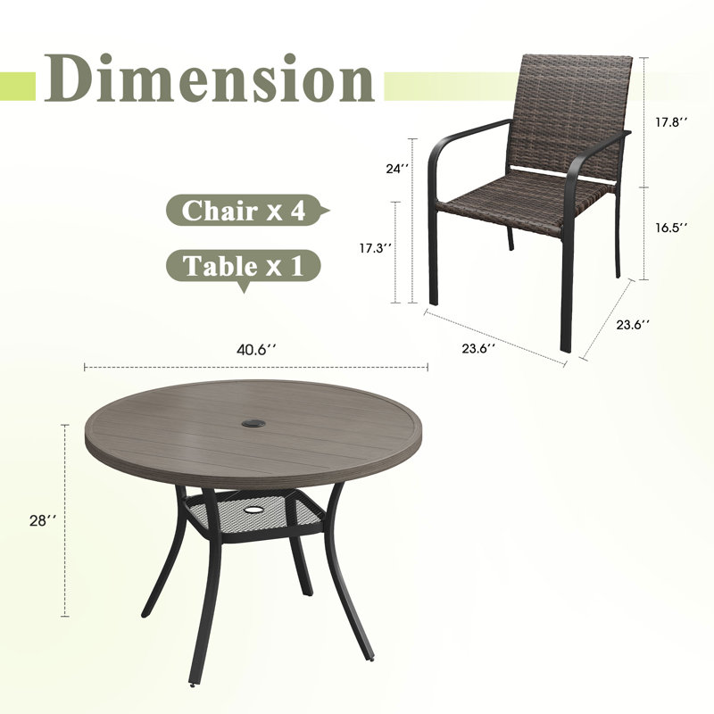 4-Person Round Patio Dining Set With Wicker Rattan Chairs, Brush Wood Gray