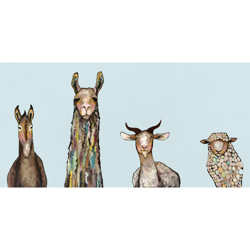 « Donkey, llama, Goat, Sheep » par Eli Halpin, Reproduction d’art sur toile tendue, H 18 po x l 36 po, Toile tendue