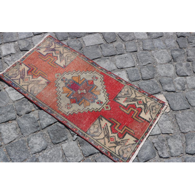 Vintage Turkish Anatolian Rug with Geometric Patterns in Pink for Small Bathrooms