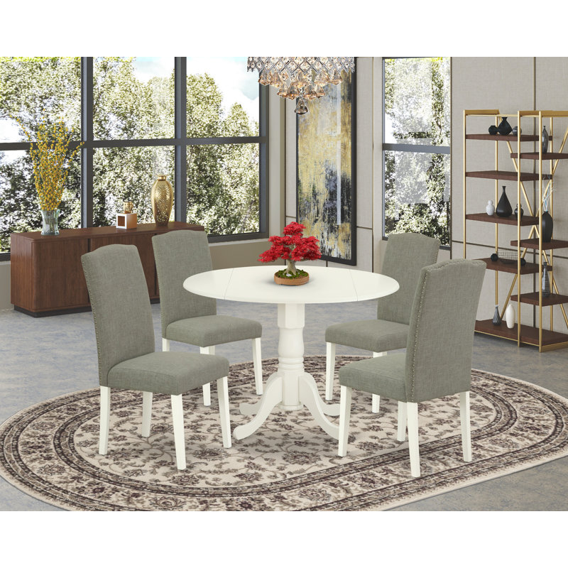L'ensemble 5 pièces de table et chaises de cuisine comprend une table de salle à manger ronde avec Dropleaf et 4 chaises rembourrées en tissu de lin Shitake foncé, 42 x 42 pouces, blanc lin